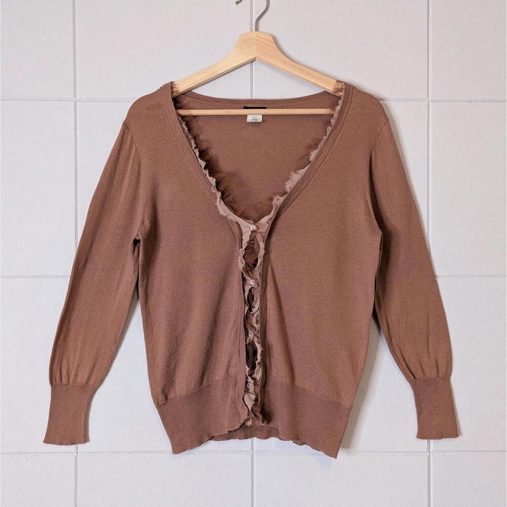 2010 J.Crew cotton & wool cardigan with silk mesh trim